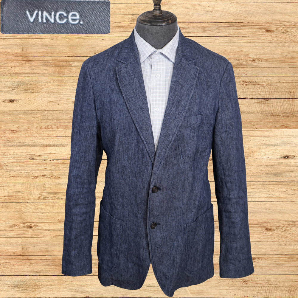 Vince Blazer Mens Large Blue Linen Cotton Metal Blend Unstructured Sport Coat